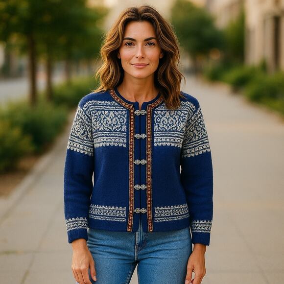 Vintage North Cape By Knut & Knut Norwegian Wool Sweater In Blue & White Large - Picture 9 of 9